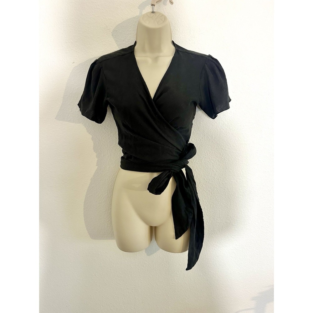 VIX Paula Hermanny Crop Wrap Top Linen Black Short Sleeve Balletcore Resort Sz M